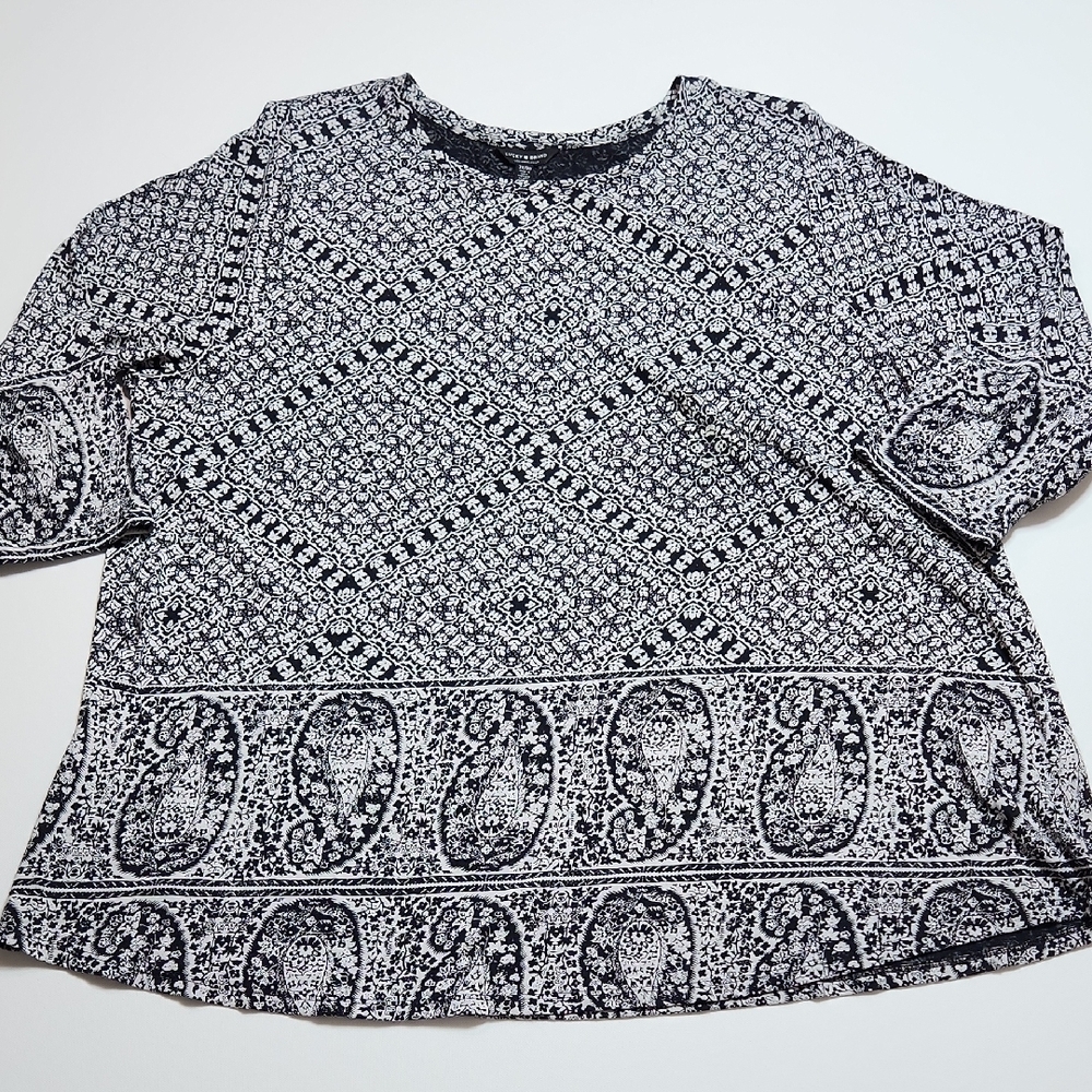 Lucky Brand Plus Size 3X Black White Paisley Boho Print Top 3/4 Sleeve Cotton